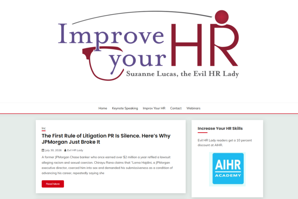 Evil HR Lady homepage featuring workplace advice articles and HR resources