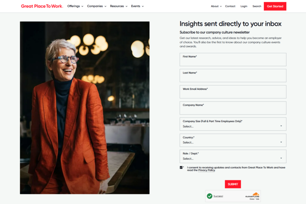 Great Place To Work newsletter signup page featuring culture insights and subscription form