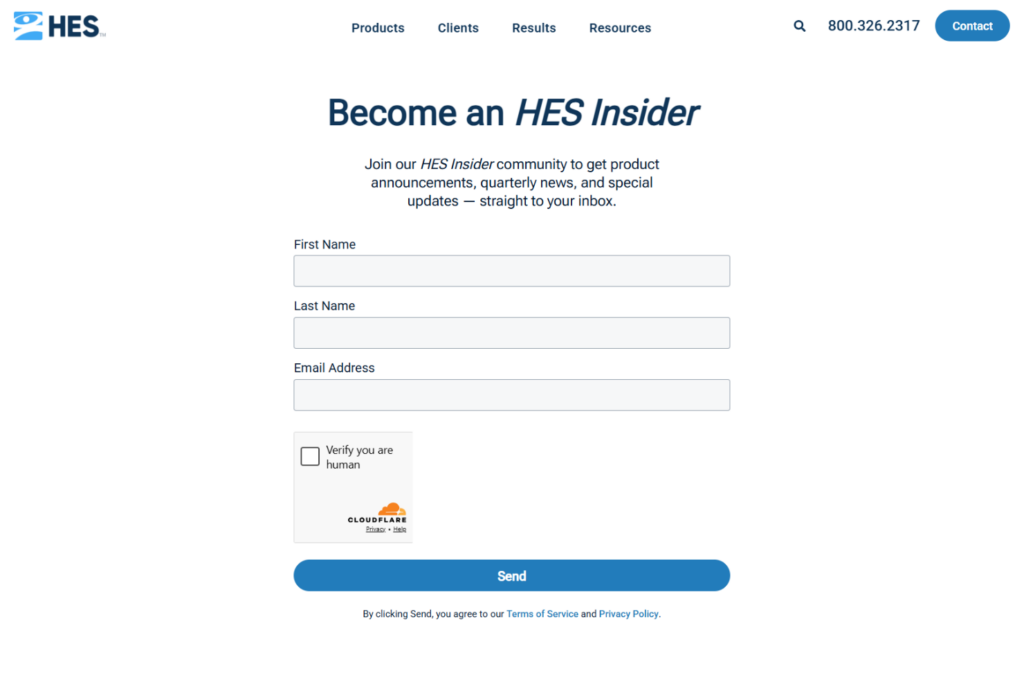 HES Insider newsletter signup page featuring email registration and community updates