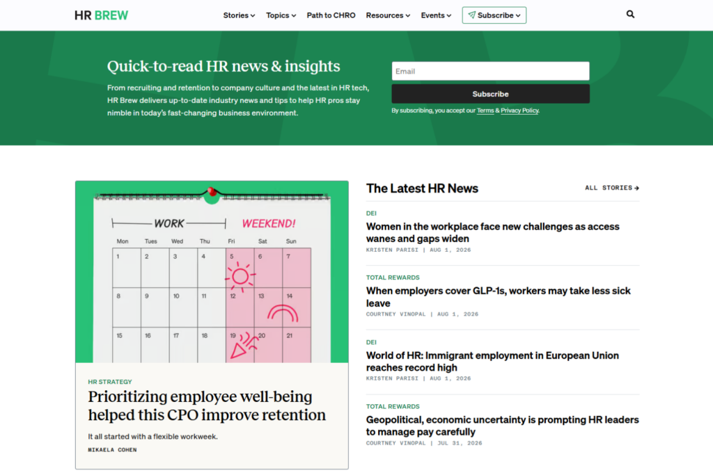 HR Brew Newsletter page featuring HR articles, subscription form, and workplace updates