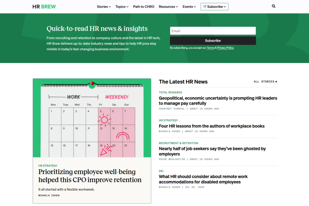 HR Brew homepage with newsletter signup and latest HR news stories