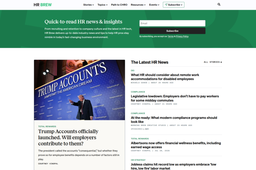 HR Brew homepage with featured HR news stories and newsletter signup