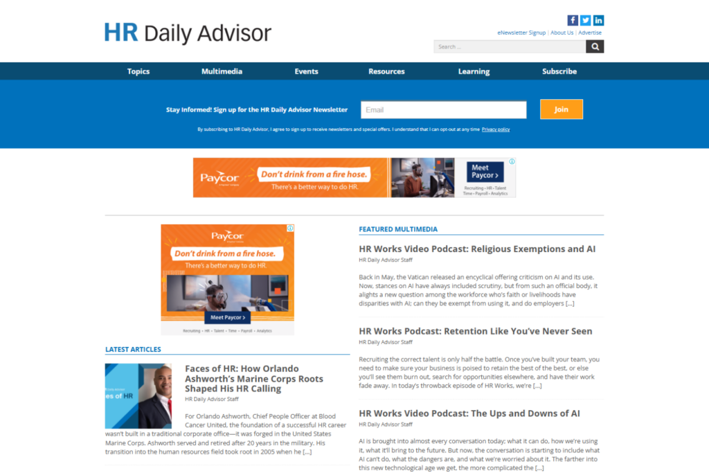 HR Daily Advisor homepage with HR articles, podcasts, and newsletter sign-up