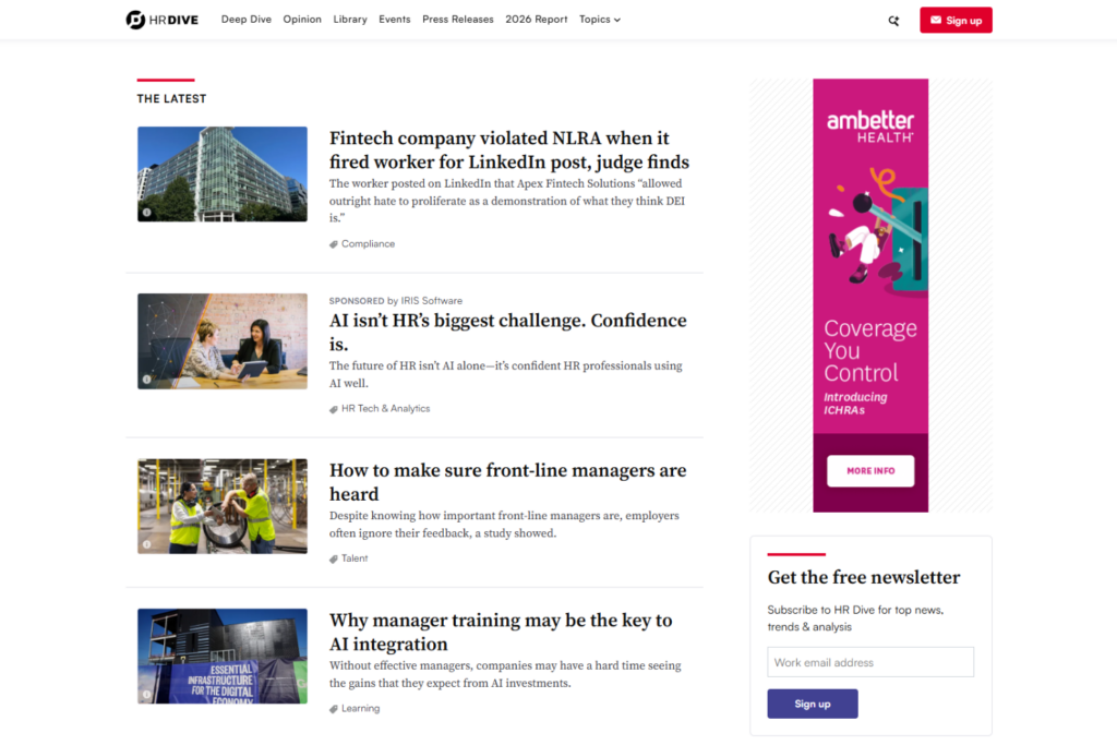 HR Dive homepage featuring HR news headlines and newsletter sign-up