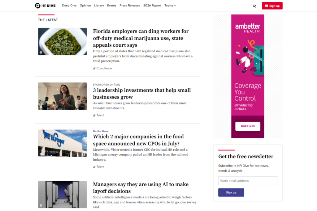 HR Dive homepage showing workplace articles, newsletter signup, and HR industry updates
