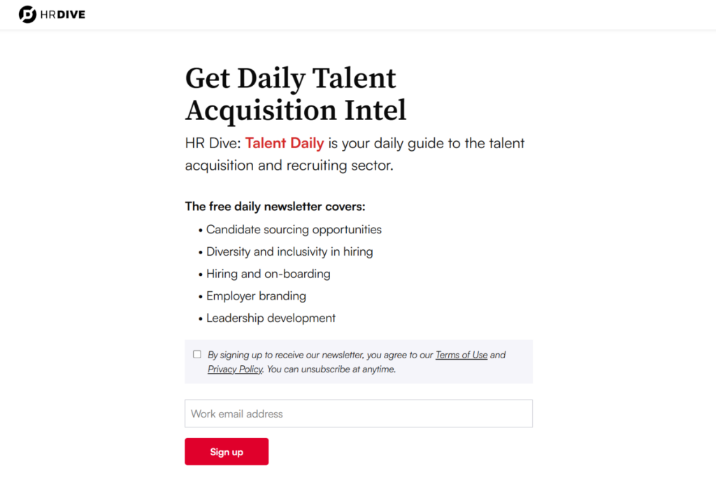 HR Dive Talent Daily newsletter signup page with subscription form and topic list