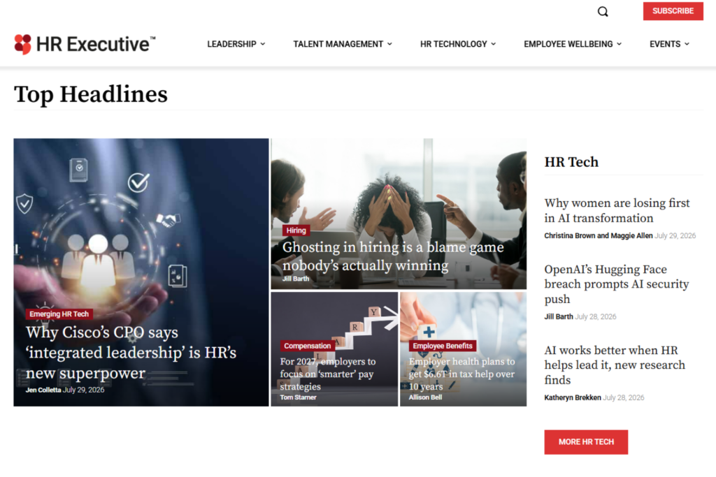 HR Executive homepage with featured HR headlines and technology news