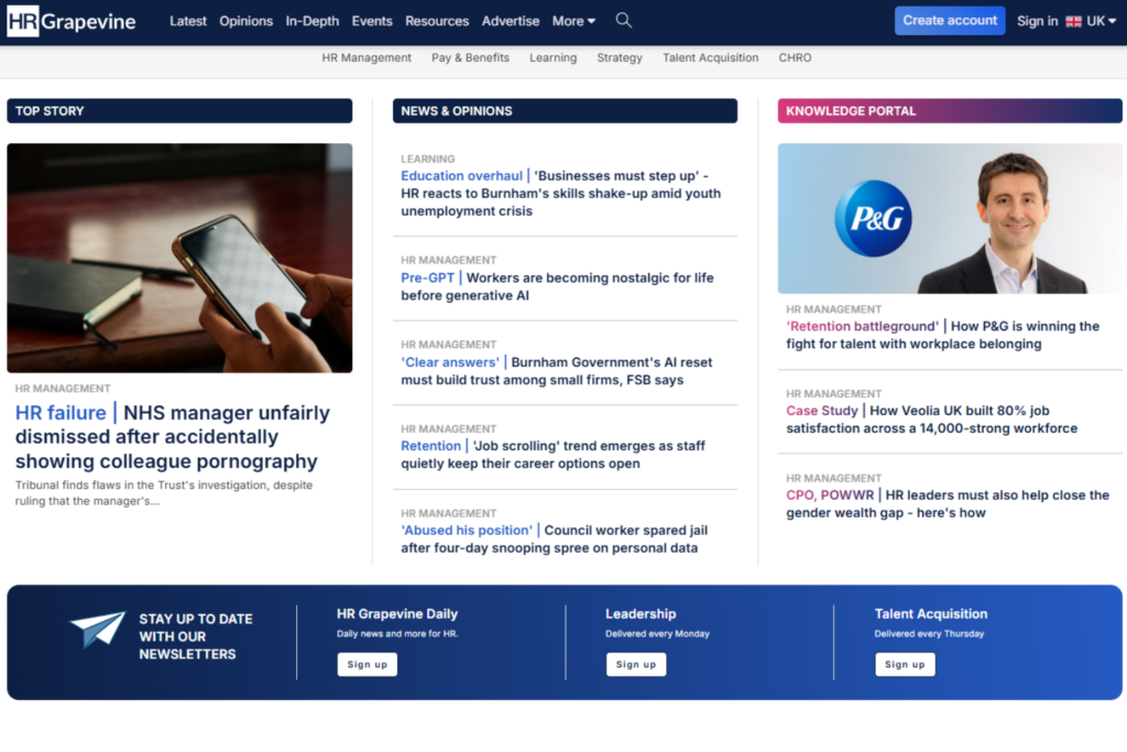 HR Grapevine homepage with HR news and newsletter sign-up options