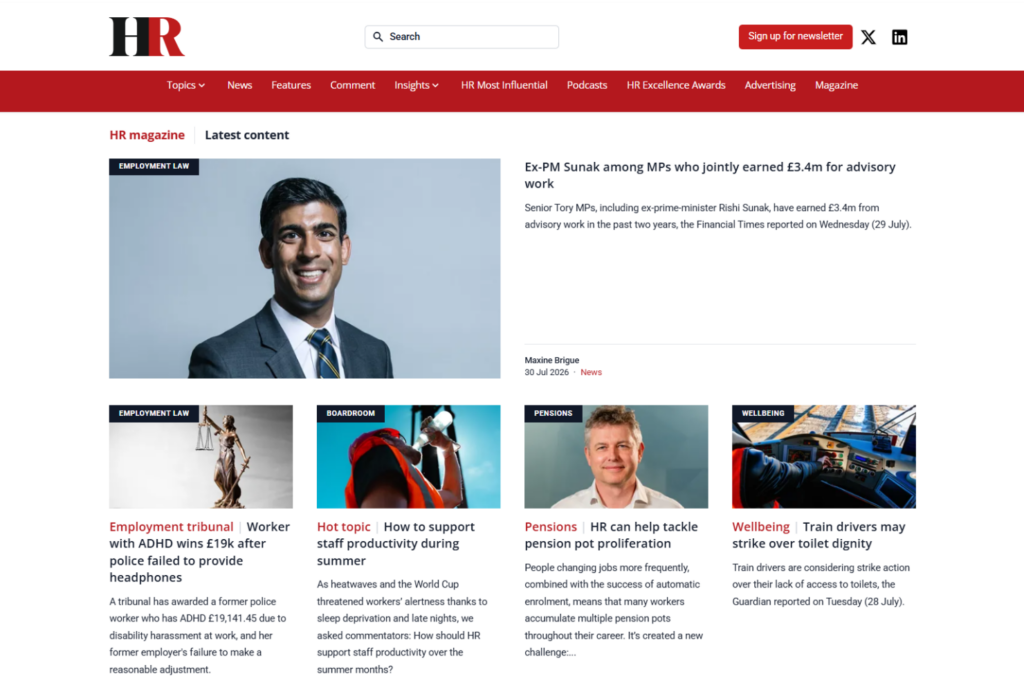 HR Magazine homepage featuring workplace news and HR articles