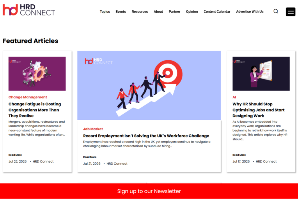 HRD Connect homepage with featured HR articles and newsletter sign-up