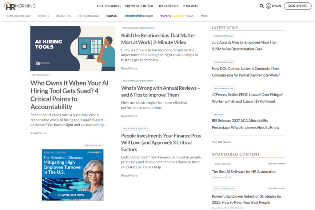 HRMorning homepage with HR news articles and featured resources