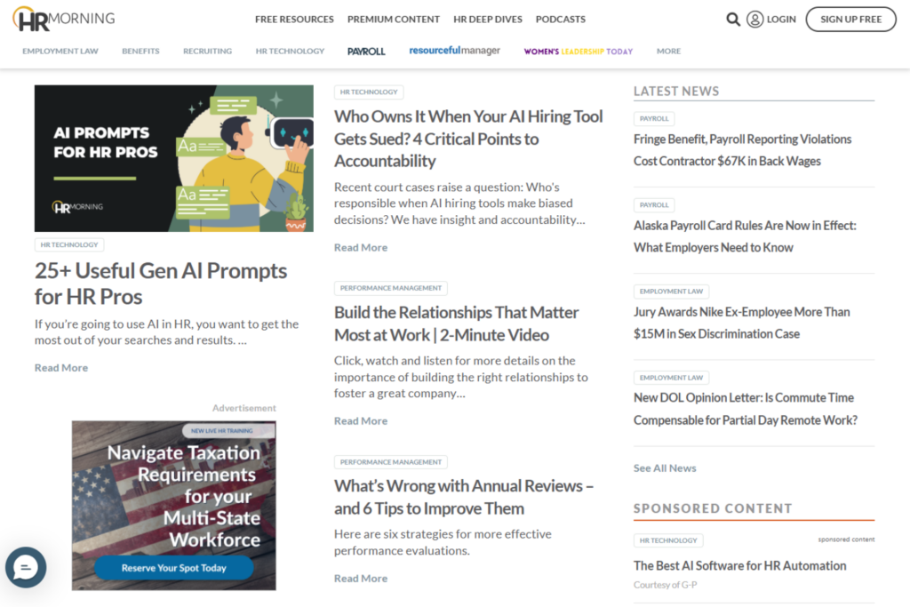 HRMorning homepage displaying HR articles, latest news, and featured workplace resources
