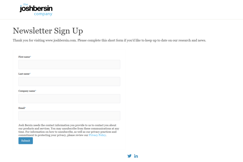 Josh Bersin Newsletter sign-up page with subscription form