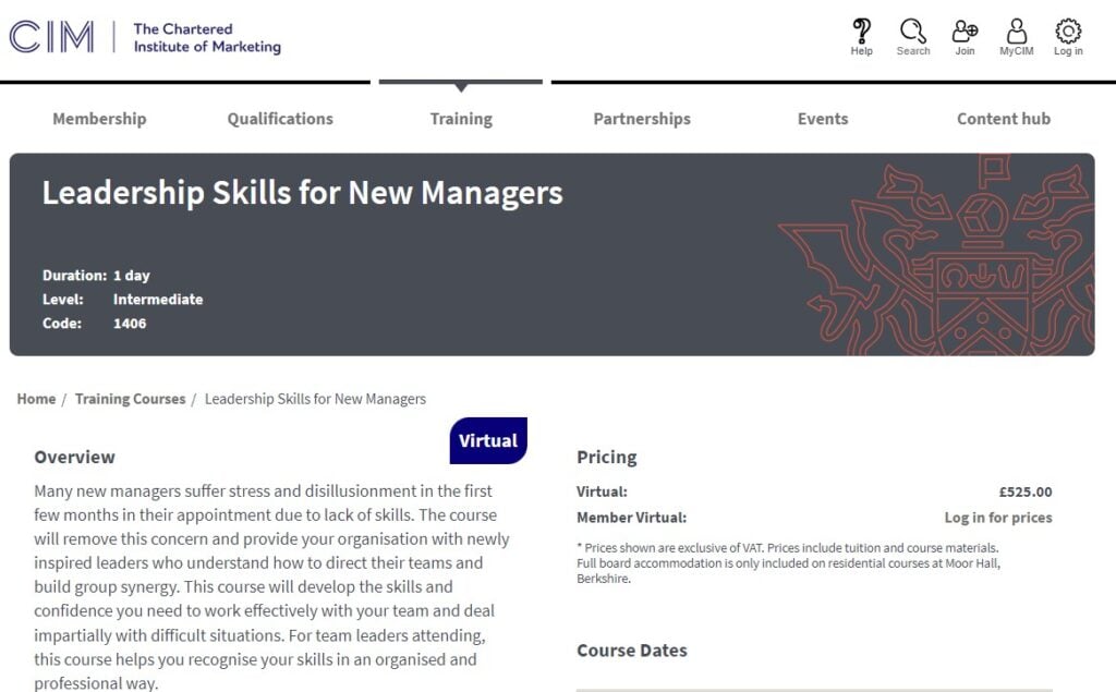 The Leadership Skills for New Managers course page screenshot