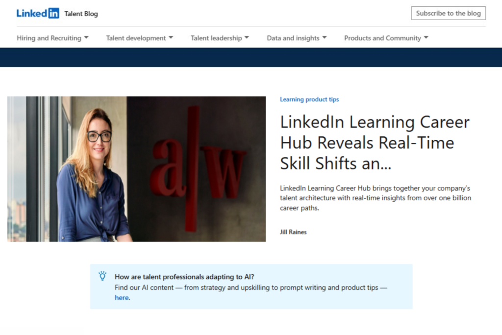 LinkedIn Talent Blog homepage featuring a featured article and blog categories