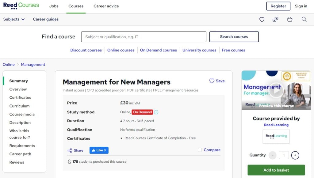 Management for New Managers course landing page