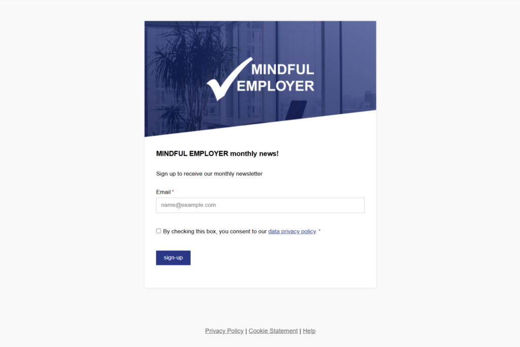 Mindful Employer Newsletter signup page showing email registration and subscription details