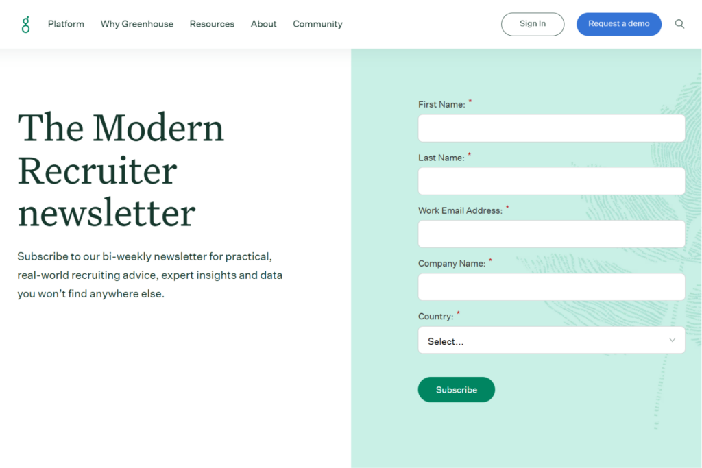 Modern Recruiter newsletter signup page with subscription form