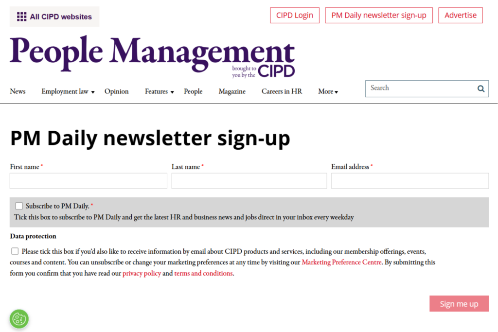 PM Daily newsletter sign-up page with subscription form