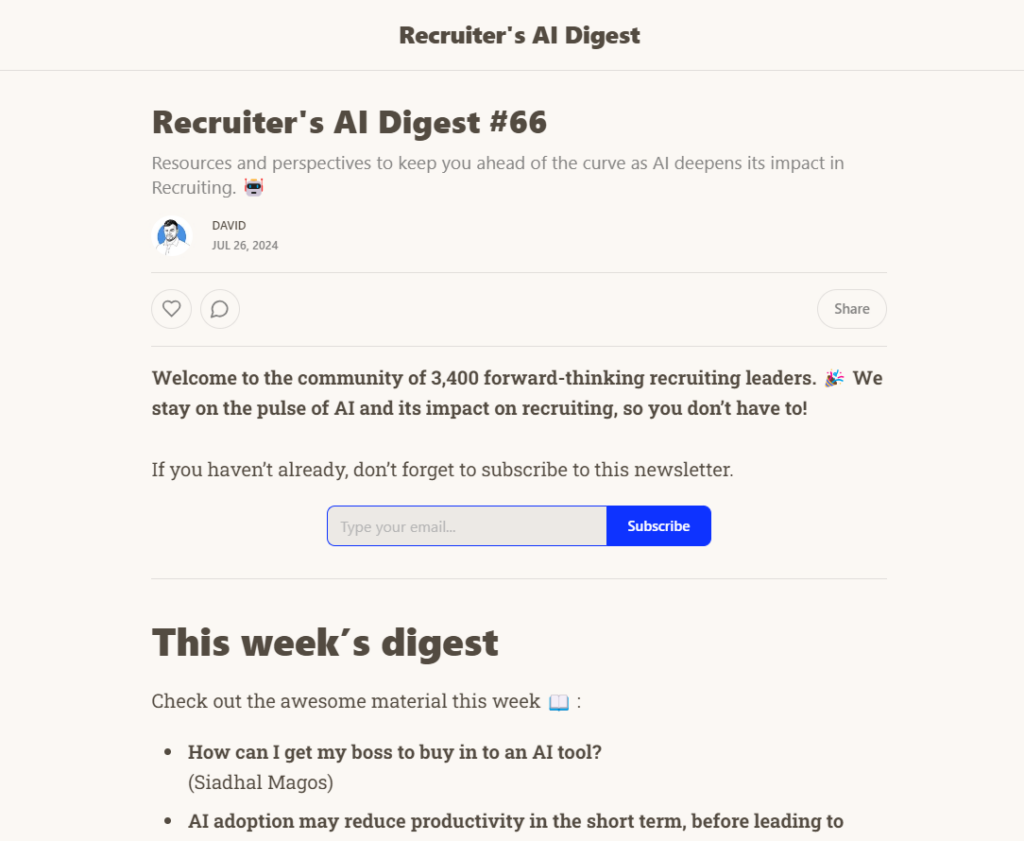 Screenshot of the Recruiter’s AI Digest Newsletter article