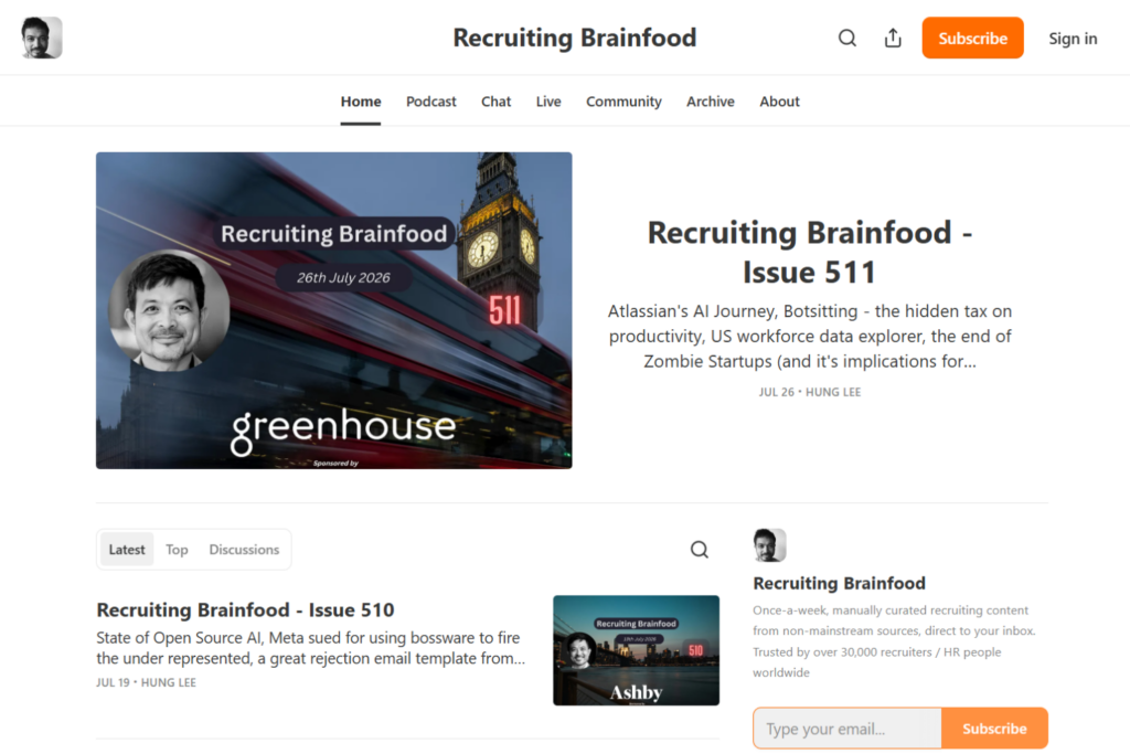 Recruiting Brainfood Substack homepage featuring the latest weekly newsletter issue