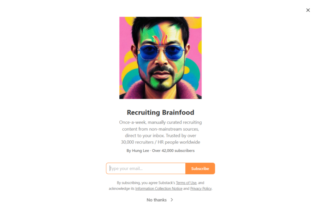 Recruiting Brainfood newsletter subscription page on Substack