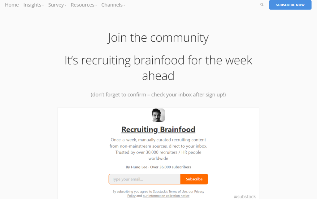 Screenshot of the Recruiting Brainfood newsletter subscription page