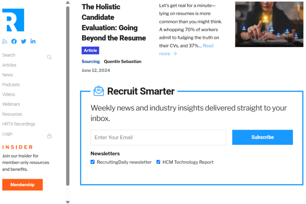 RecruitingDaily page with the Recruit Smarter newsletter signup form