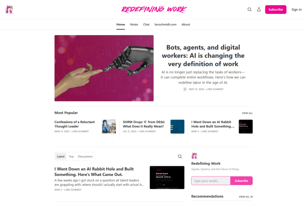 Redefining Work homepage featuring AI and workplace articles