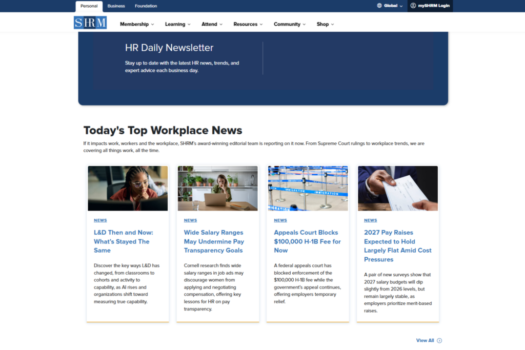 SHRM HR Daily newsletter page with featured workplace news stories
