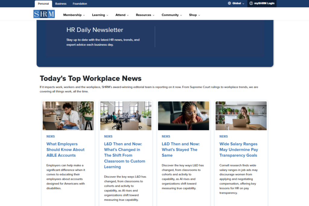 SHRM HR Daily Newsletter page featuring workplace news articles and HR updates