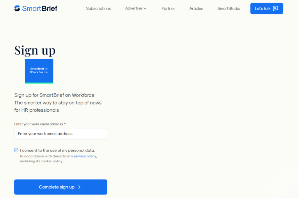 SmartBrief on Workforce newsletter sign-up page
