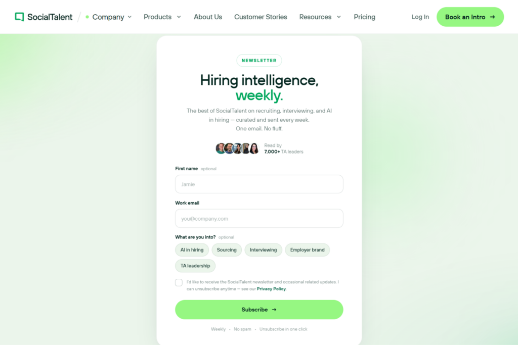 SocialTalent newsletter signup page with hiring topics and subscription form