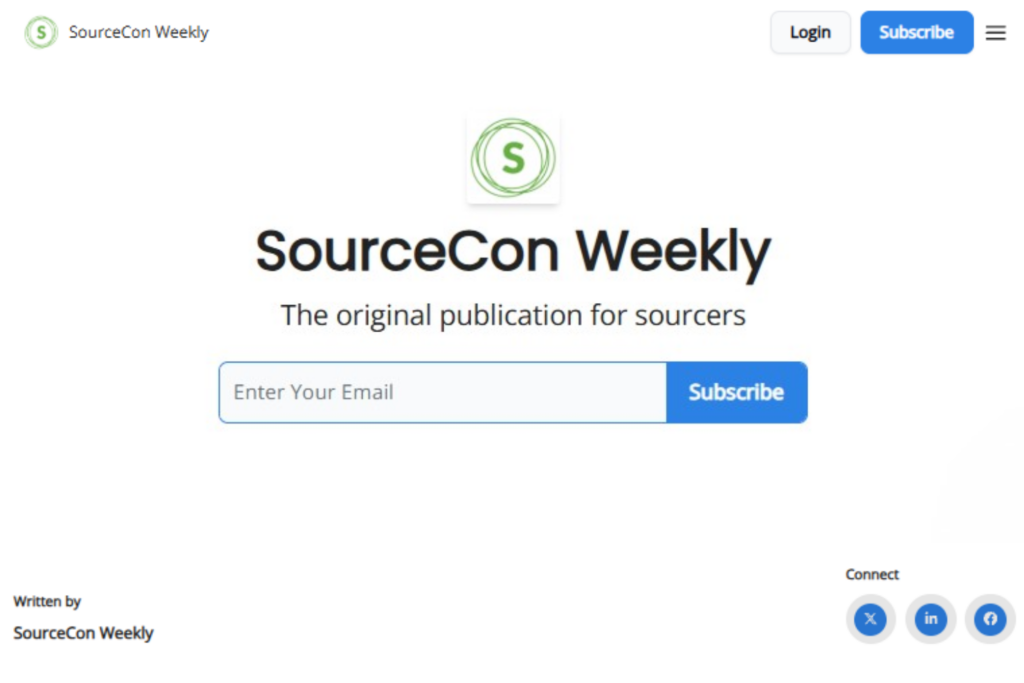 SourceCon Weekly newsletter signup page with email subscription form