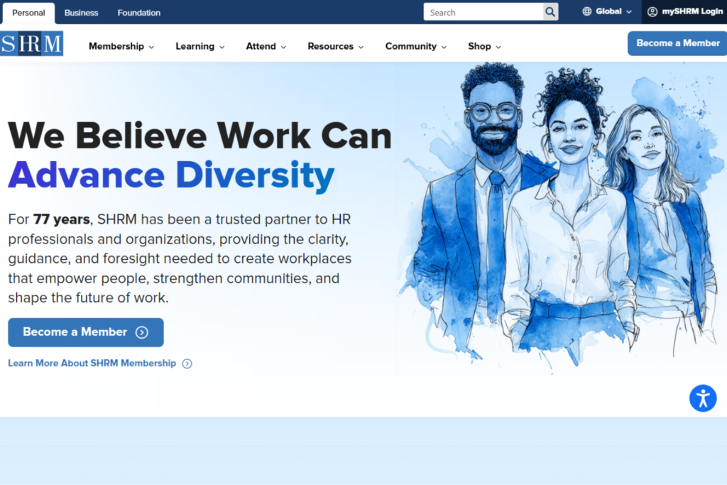 SHRM homepage featuring workplace resources and HR membership information