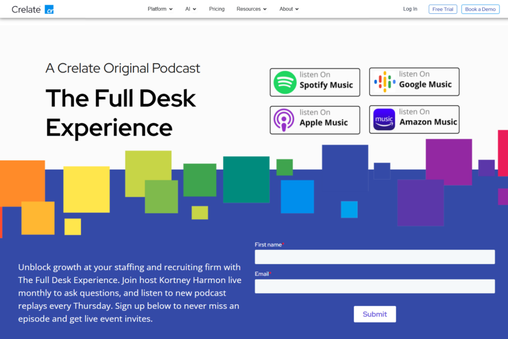 The Full Desk Experience podcast page with signup form and listening platform links