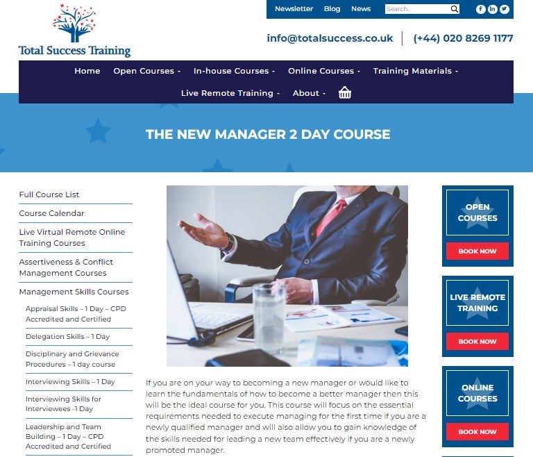 The New Manager 2 Day Course page screenshot