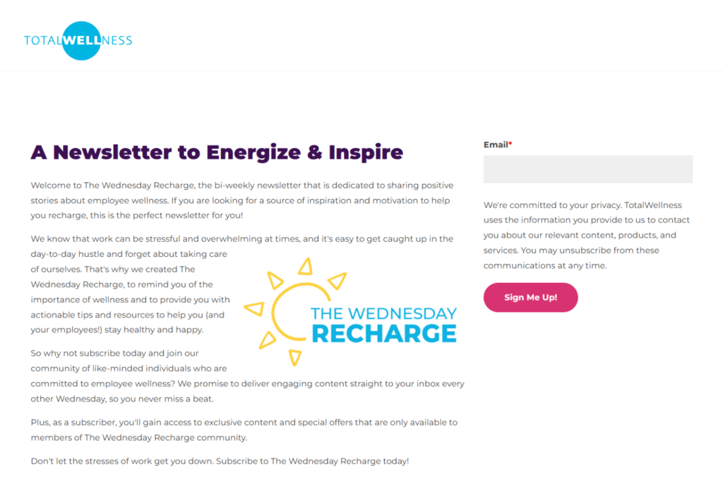 The Wednesday Recharge newsletter signup page featuring wellness content and email registration form