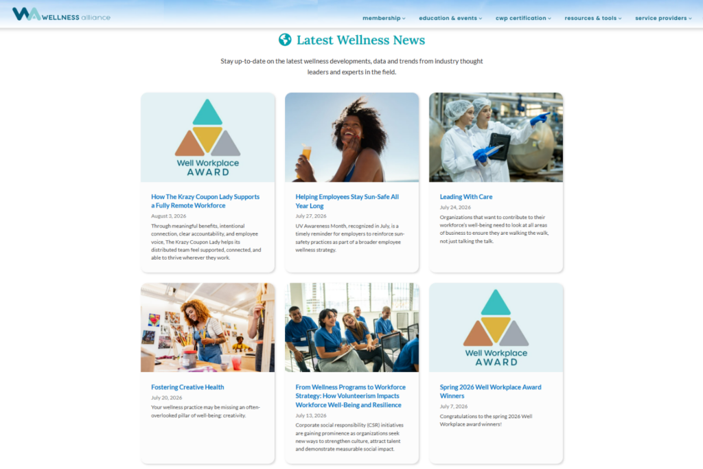 WELCOA Newsletter page featuring wellness articles, workplace health topics, and industry news