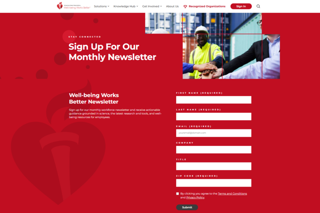 Well-being Works Better Newsletter signup page featuring wellness content and registration form
