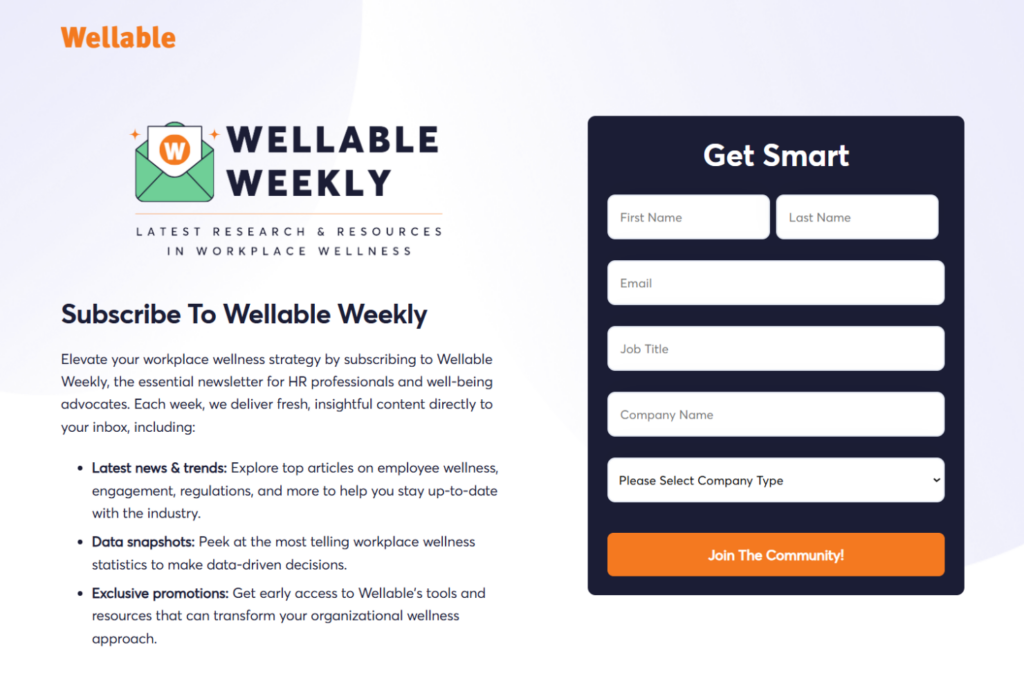 Wellable Weekly newsletter signup page featuring workplace wellness content and registration form