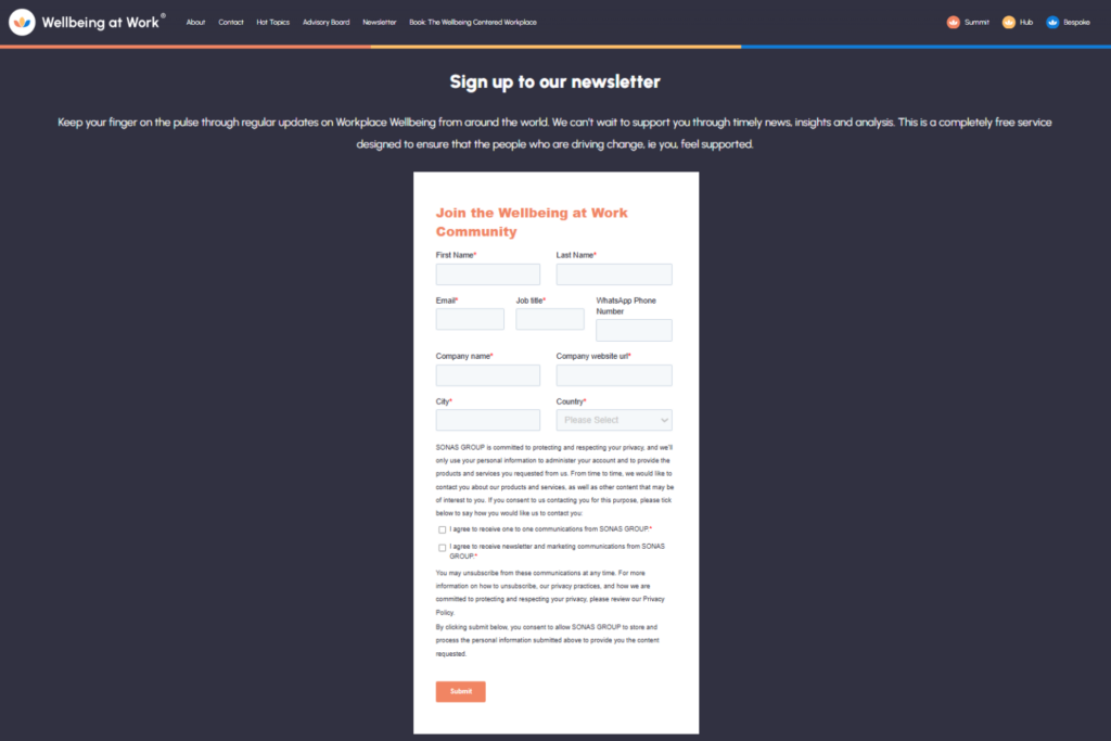 Wellbeing at Work Newsletter signup page featuring community registration form and updates
