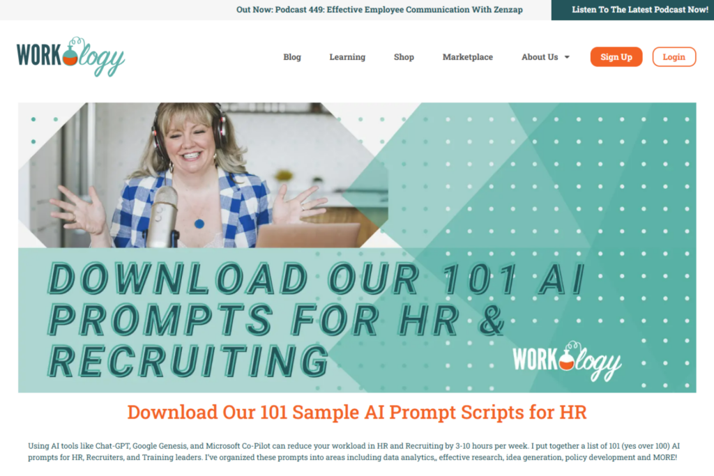 Workology homepage featuring HR resources and newsletter content