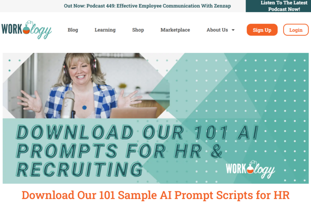 Workology homepage promoting AI prompts for HR and recruiting