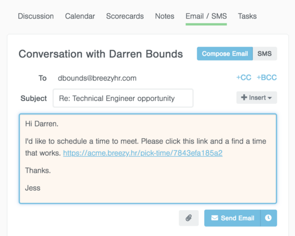 breezy hr interview scheduling screenshot
