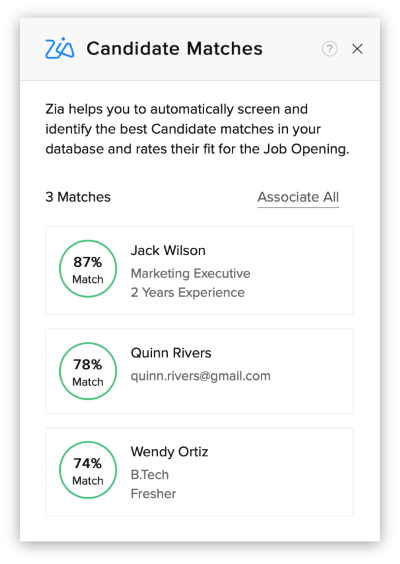 screenshot of zoho recruit ai resume matching