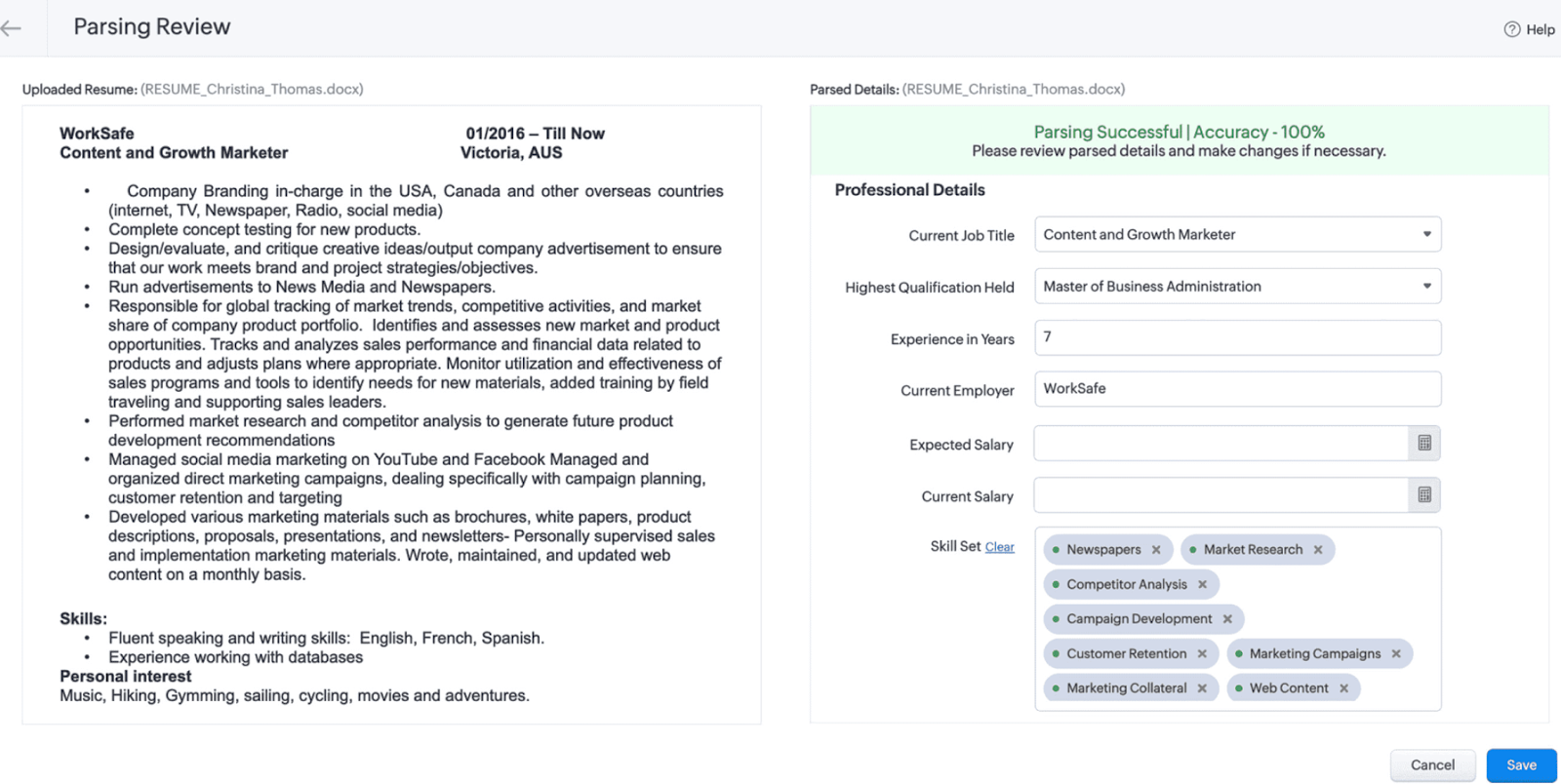 screenshot of zoho recruit application tracking