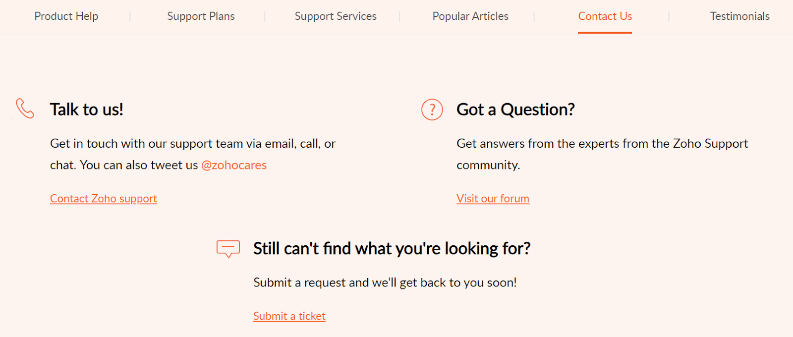 screenshot of zoho recruit customer support