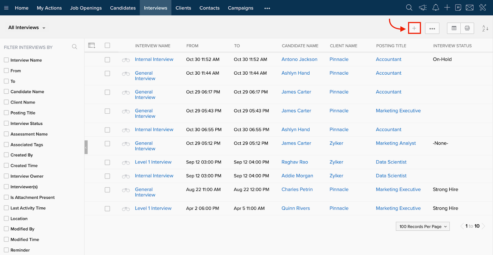 screenshot of zoho recruit interview scheduling