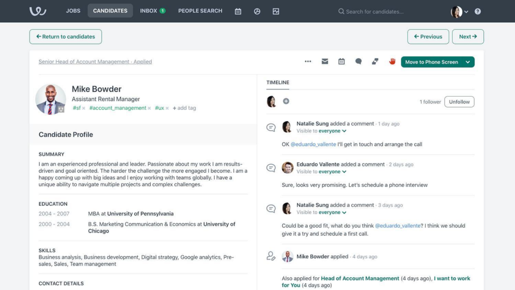workable recruiting candidate management screenshot